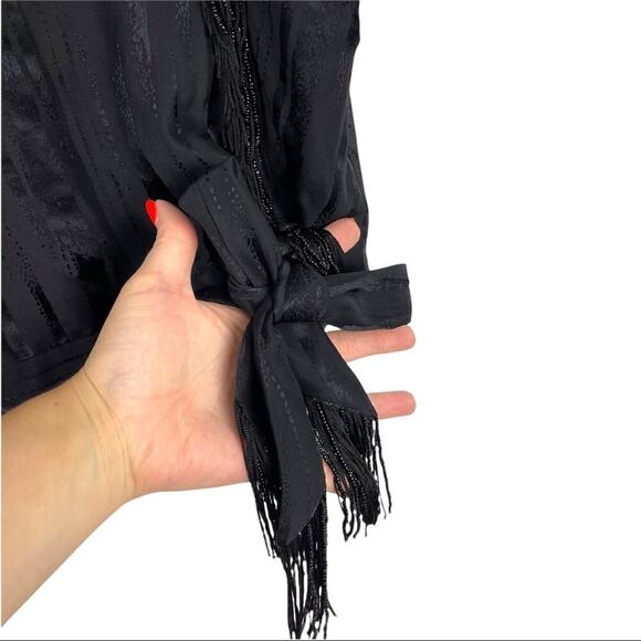 BCBGMAXAZRIA Black Silk Ruffle Blouse Top Beaded Fringe with Shinny Stripes XXS - Picture 5 of 16